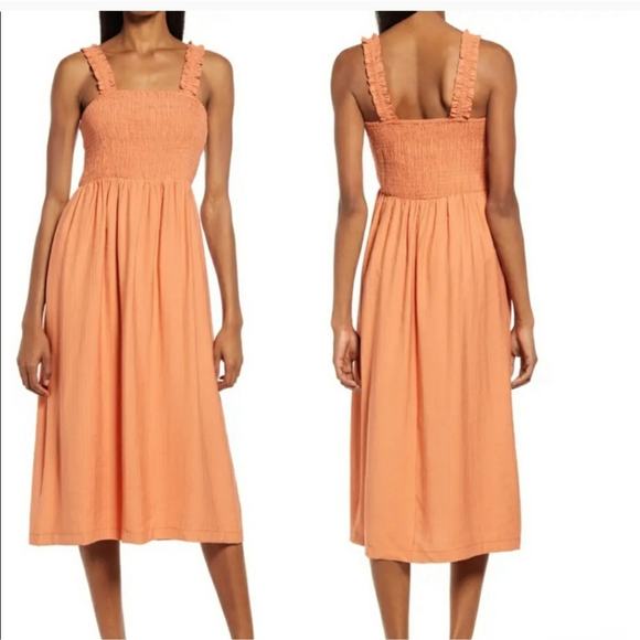 New NSR smocked orange midi ruffled straps sun dress size small - Picture 1 of 12